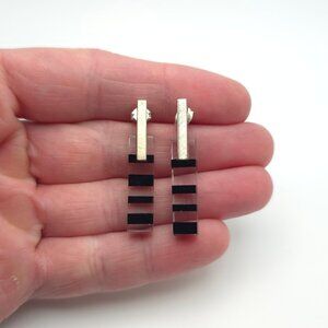 925 Sterling Silver Black And Clear Modern Glass Dangle Earrings